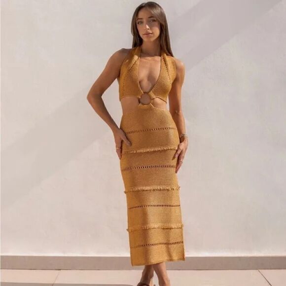 ZARA BUCKLED METALLIC THREAD KNIT DRESS GOLD - Picture 9 of 16